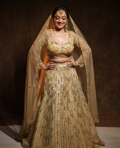 AISHA - GOLD Embroidered  Lehenga In Net With Sequins And Cutdana Work.