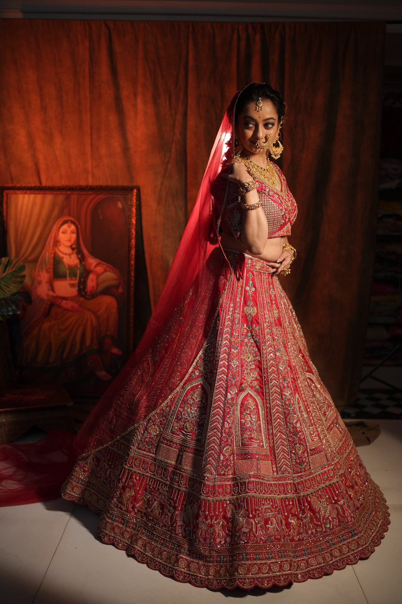 SHANNO Red 14 Kali Embroidered Bridal Lehenga Blouse With Scallop Dupatta.