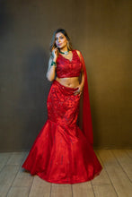 Ekaya - red  Organza Embroidered  fishcut Lehenga with Dupatta ..