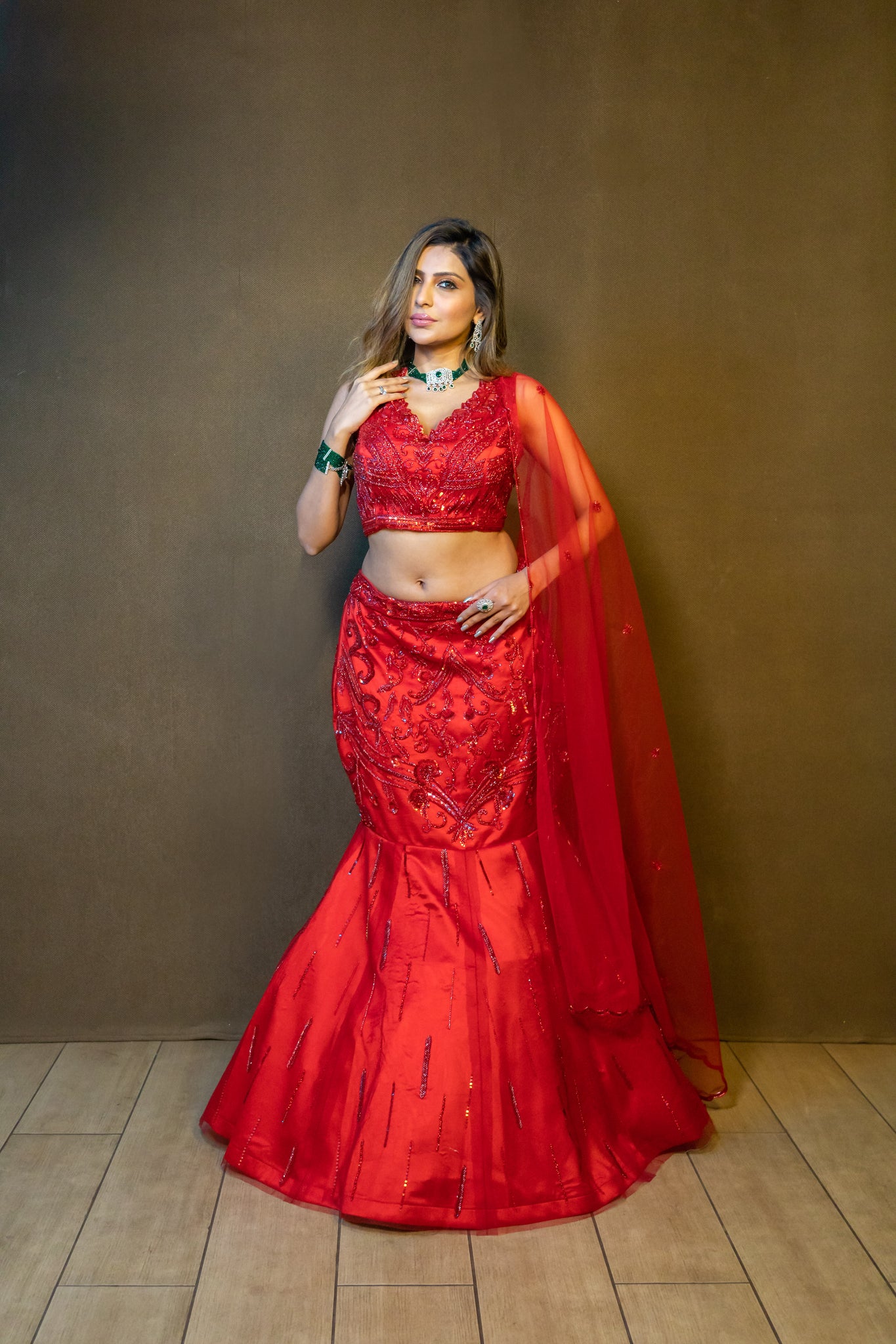 Ekaya - red  Organza Embroidered  fishcut Lehenga with Dupatta .