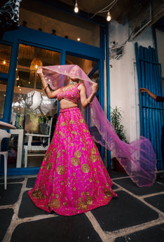 Hot Pink Embroidered Bridal Lehenga Blouse With Scallop Dupatta.