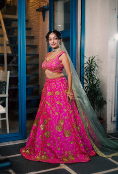 Hot Pink Embroidered Bridal Lehenga Blouse With Scallop Dupatta.