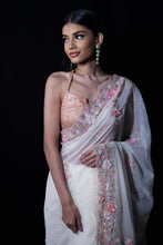 ANSHIKA-Powder White Saree In Organza With 3D Flower Embroidery Border And Buttis Featuring Multicolour Moti And Sequins