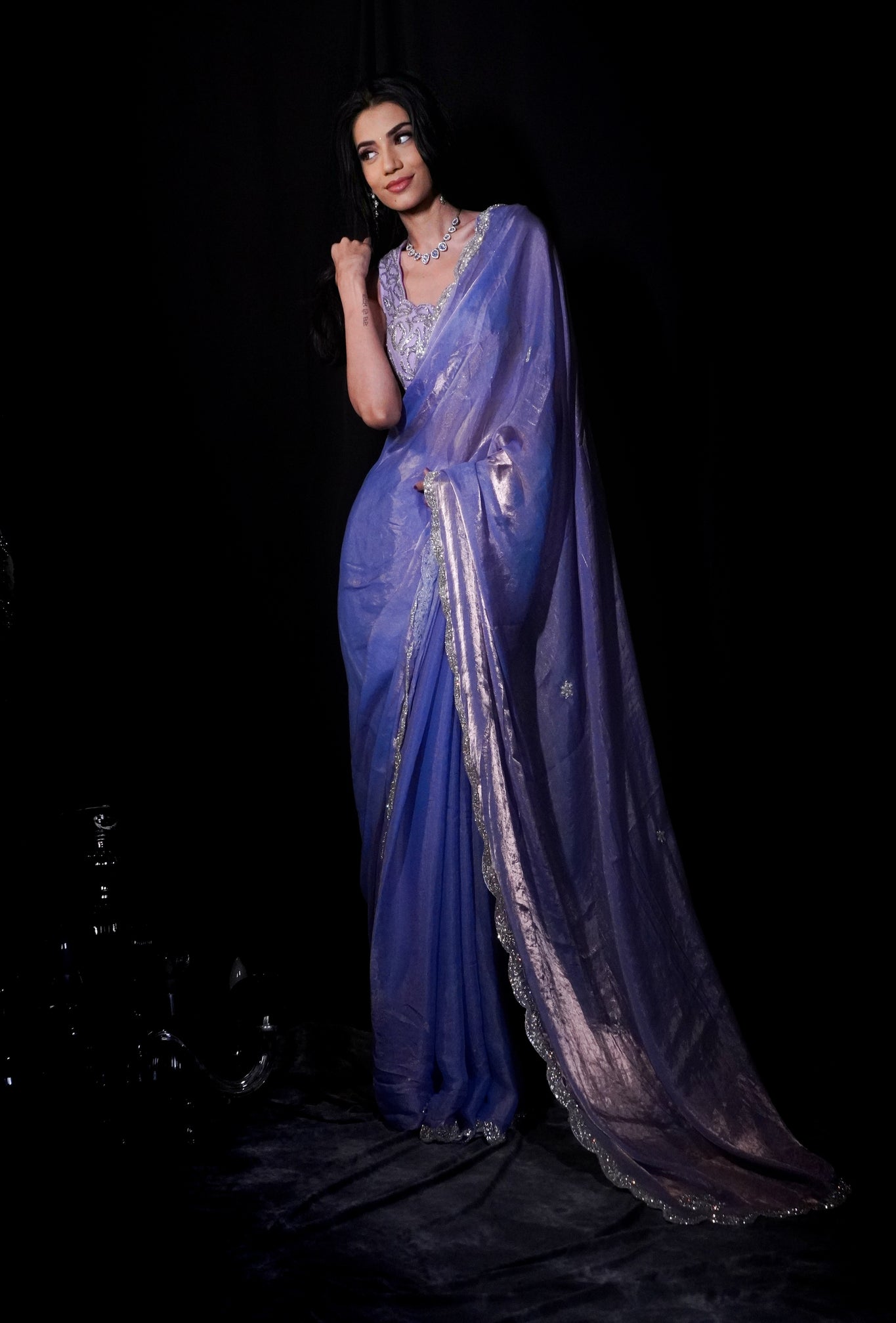 ZENA- IRIS Purple Metallic Satin  Stone Work Tissue Saree with Unstitched Blouse