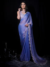 ZENA- IRIS Purple Metallic Satin  Stone Work Tissue Saree with Unstitched Blouse