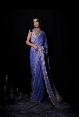 ZENA- IRIS Purple Metallic Satin  Stone Work Tissue Saree with Unstitched Blouse