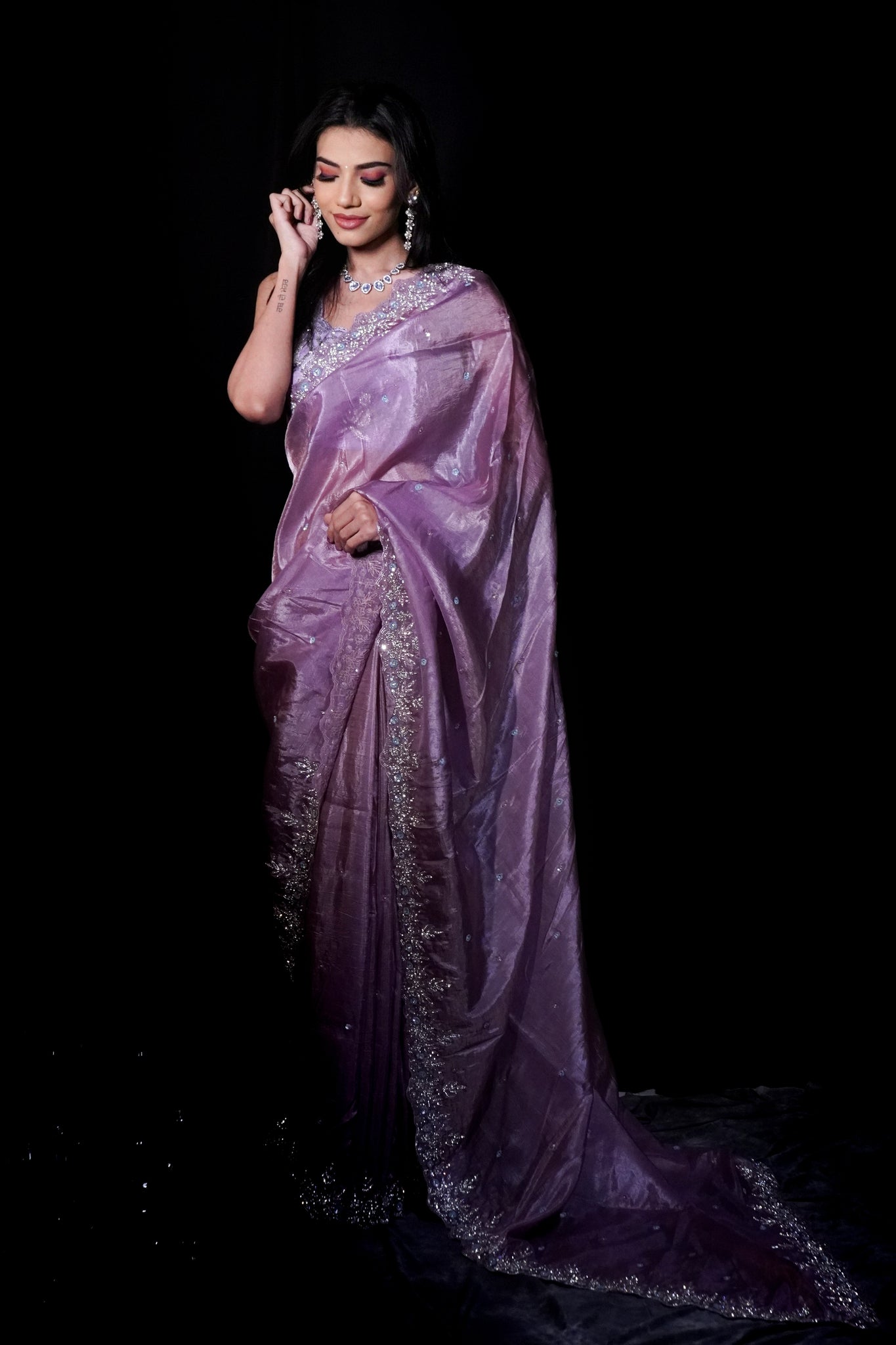 ZENA- IRIS Purple Metallic Satin  Stone Work  Organza Tissue Saree with Unstitched Blouse 