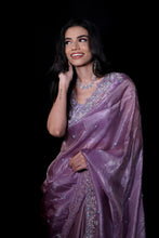 ZENA- IRIS Purple Metallic Satin &nbsp;Stone Work &nbsp;Organza Tissue Saree with Unstitched Blouse&nbsp;