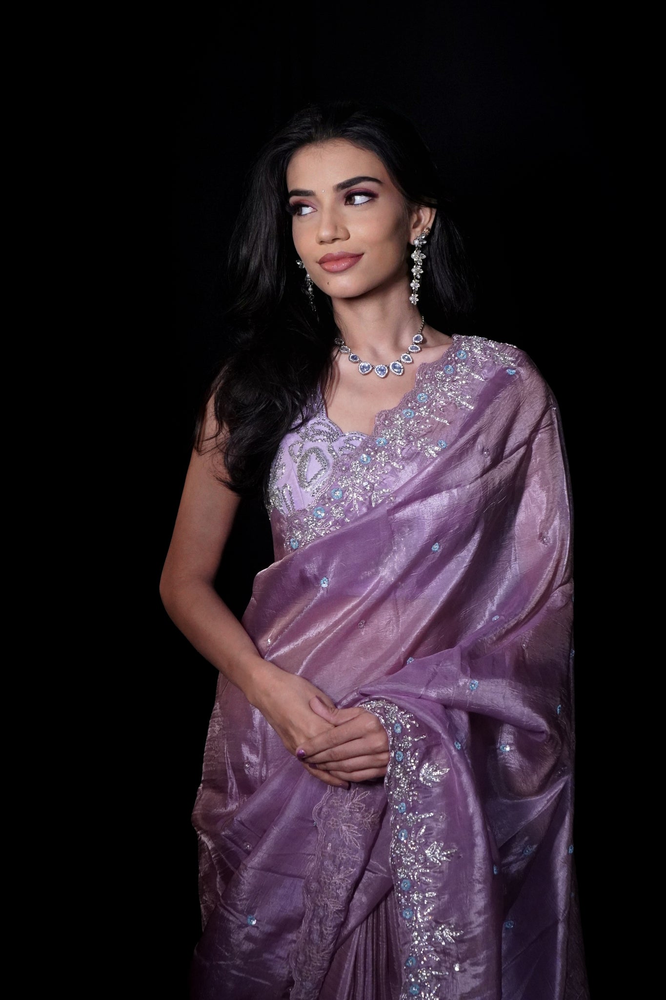 ZENA- IRIS Purple Metallic Satin  Stone Work  Organza Tissue Saree with Unstitched Blouse 