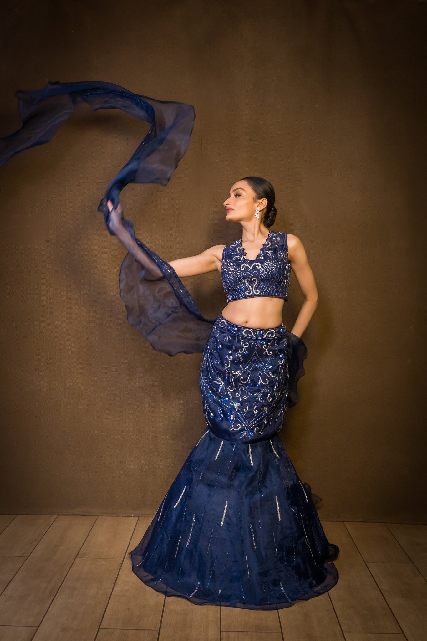 Ekaya - Navy Blue  Organza Embroidered  fishcut Lehenga with Dupatta .