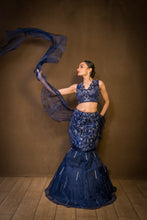 Ekaya - Navy Blue  Organza Embroidered  fishcut Lehenga with Dupatta .