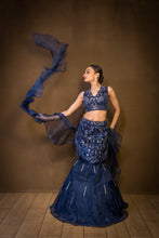 Ekaya - Navy Blue  Organza Embroidered  fishcut Lehenga with Dupatta .