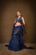 Ekaya - Navy Blue  Organza Embroidered  fishcut Lehenga with Dupatta .