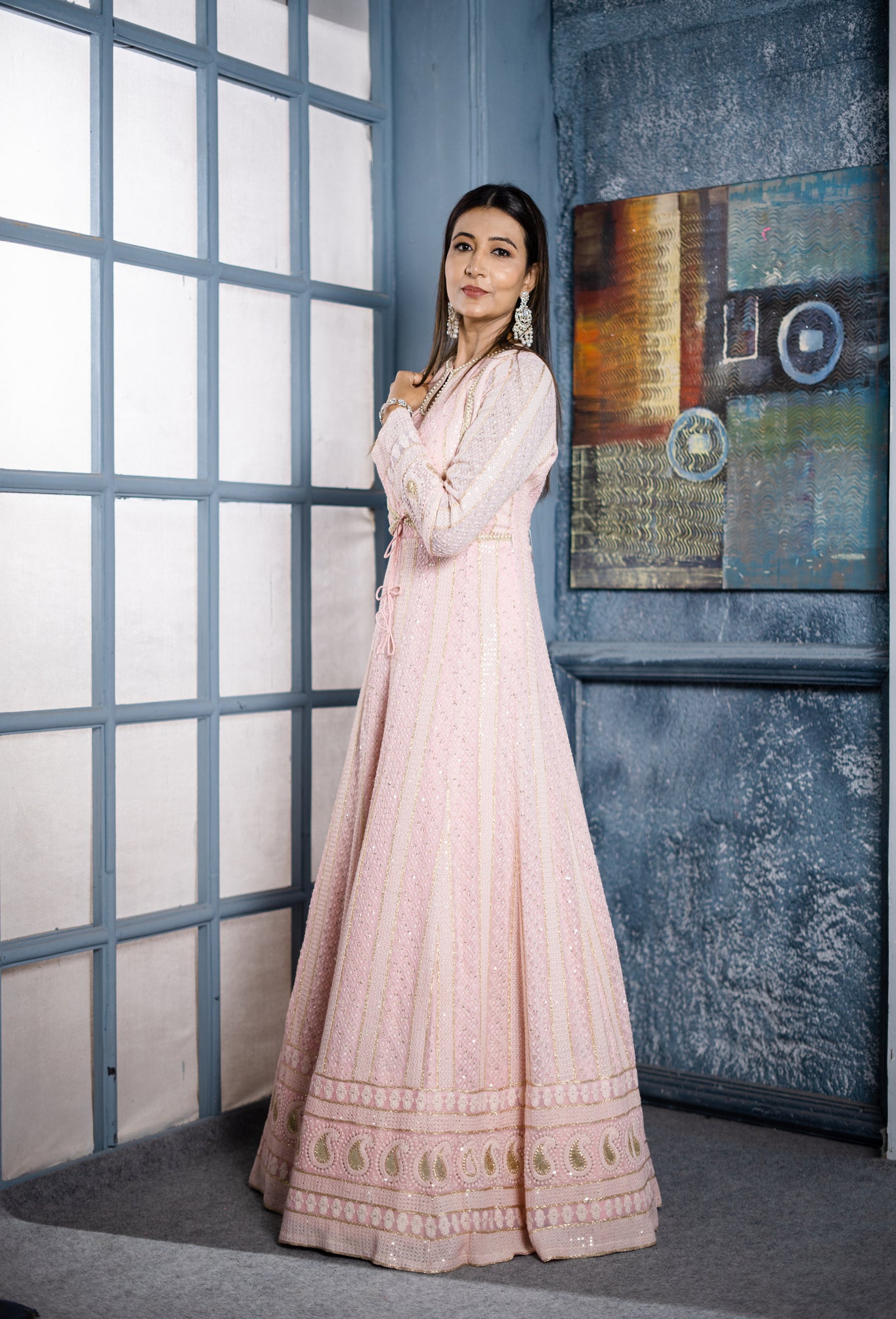 ALICA - Peach Pink long Anarkali with sequence and with dupatta with border.