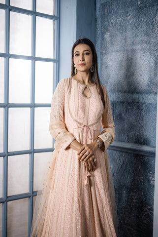 ALICA - Peach Pink long Anarkali with sequence and with dupatta with border.