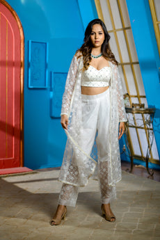 GEET - White Handcrafted Blouse and Pant set with Jacket