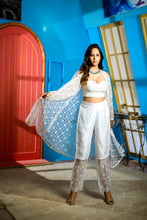 GEET - White Net Handcrafted Blouse and Pant in Organza With Jacket .