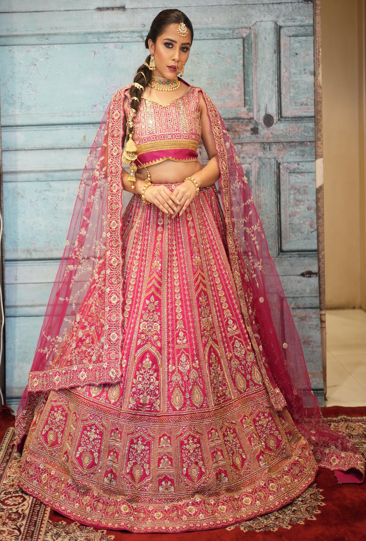 Mahira Rani Pink Embroidered Bridal Lehenga Blouse in 14 Kali With Scallop Dupatta