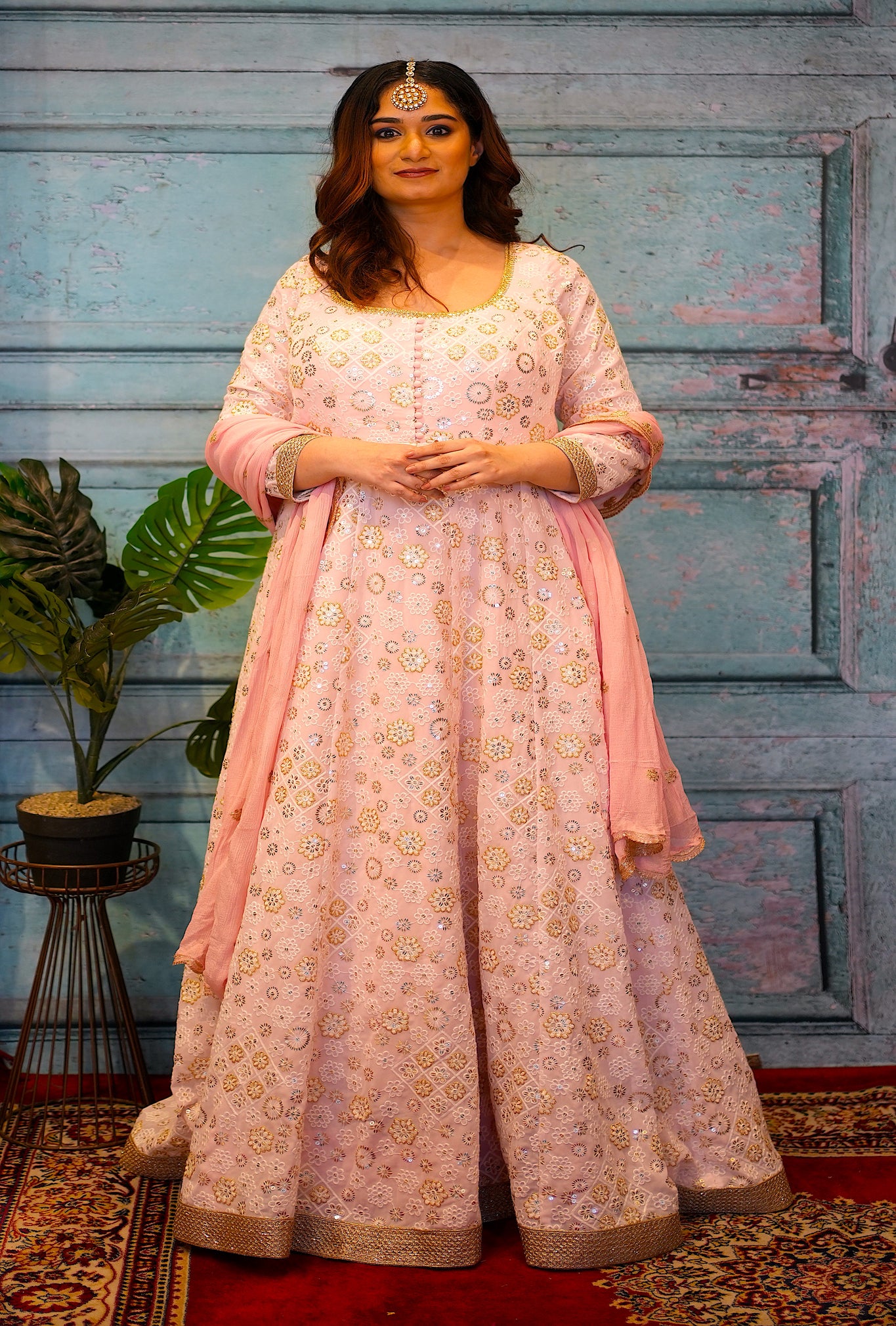 ALICA - Peach Pink long anarkali with sequence and with dupatta with border..