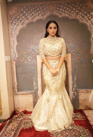 SHAHNAZ -White handcrafted mermaid lehenga set in Organza Fabric