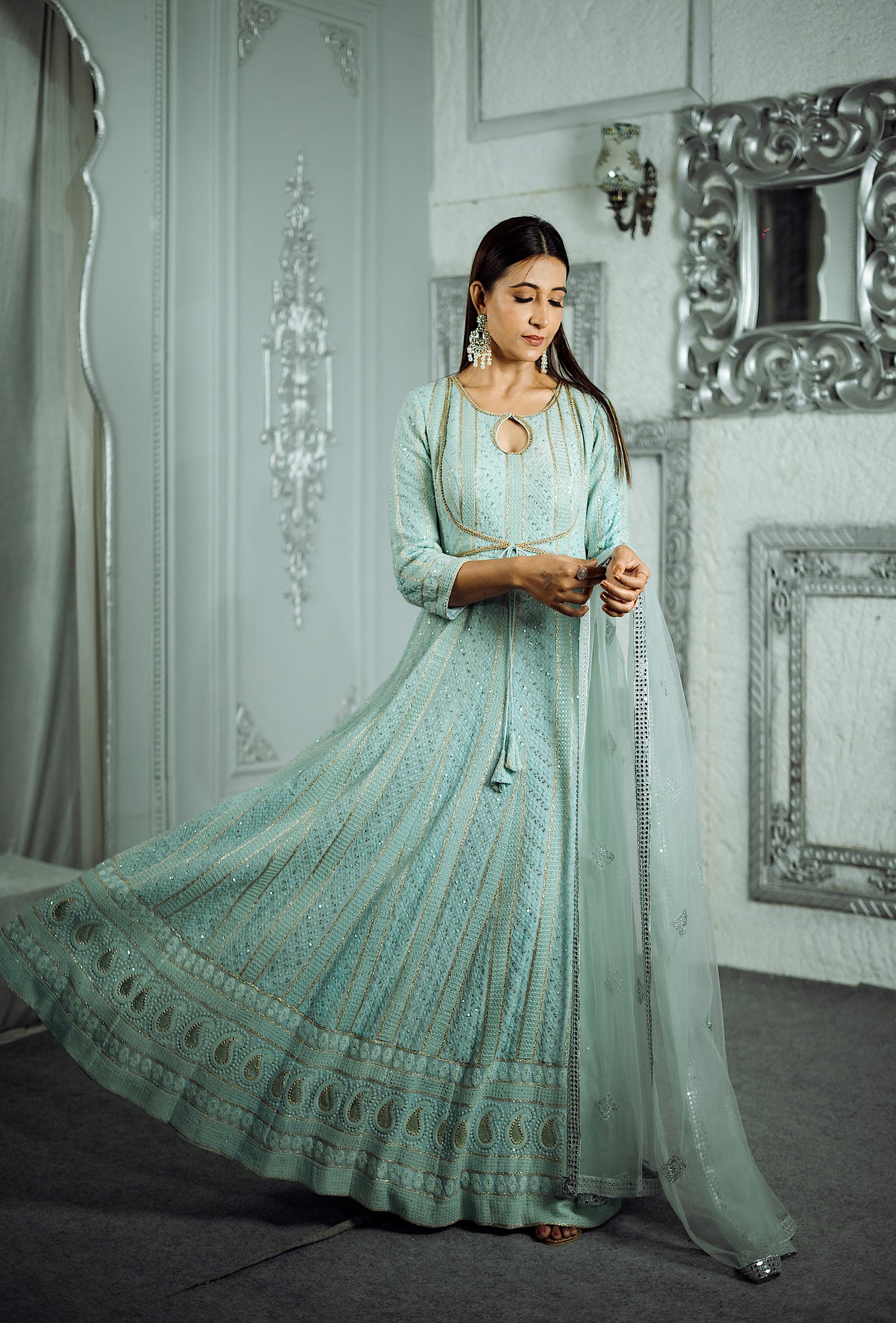 cyan blue long anarkali with sequence and with dupatta with border