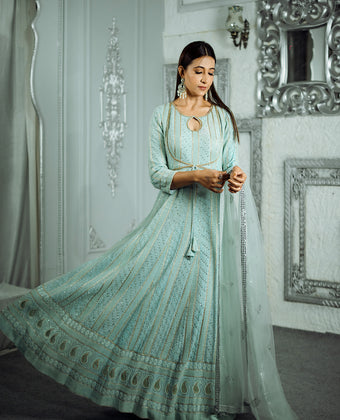 Cyan Blue Anarkali with Dupatta