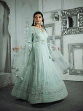 SIA- Soft Cyan Blue Chikankari Sequins Anarkali With Sequins Motif Border Dupatta