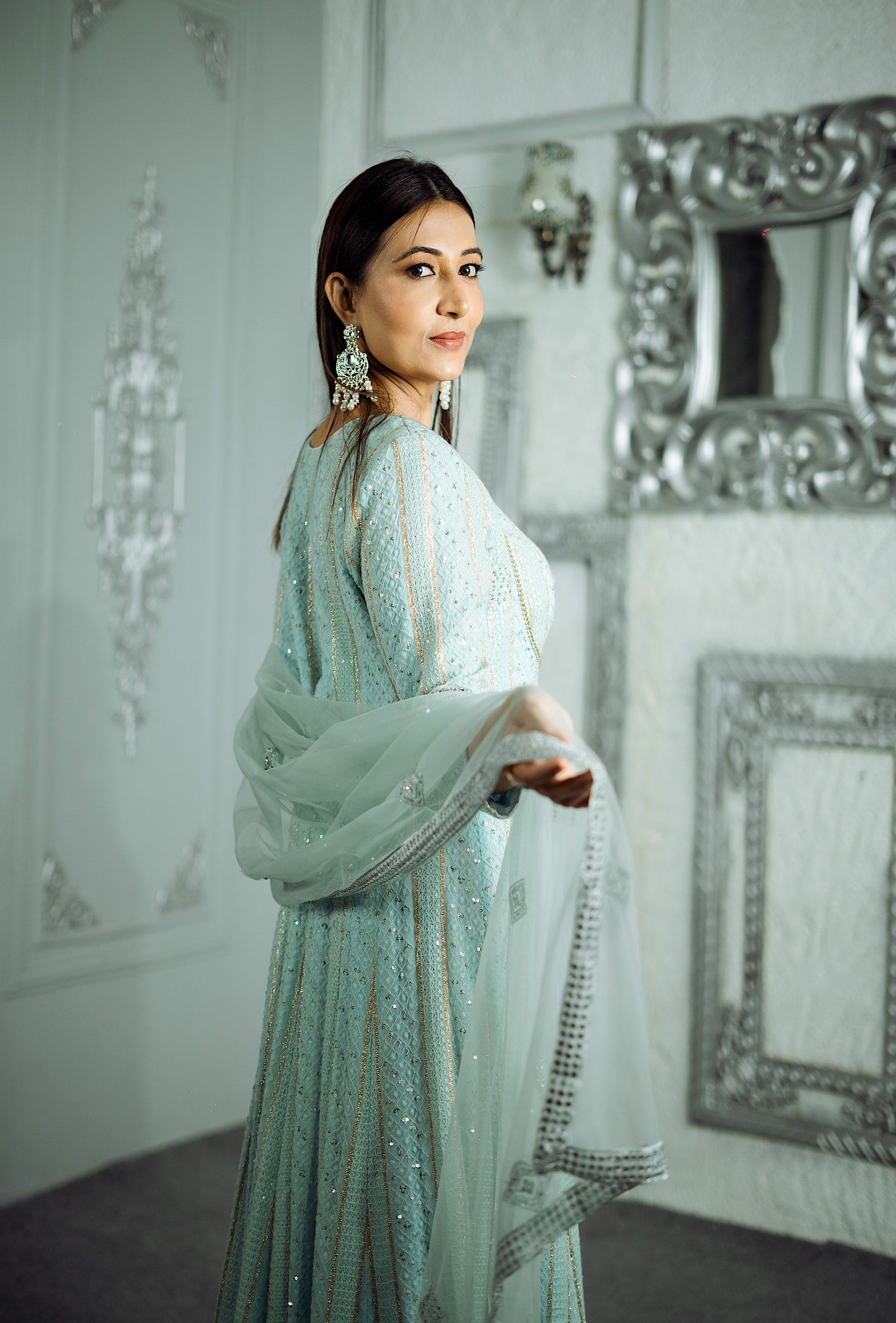 ALICA - Soft Cyan Blue Chikankari Sequins Anarkali With Sequins Motif Border Dupatta