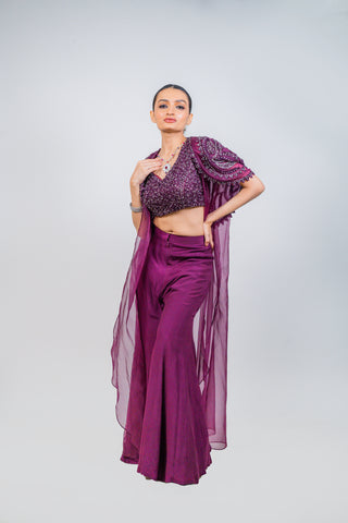 SAAJ- Wine Chiffon Sharara with Handcrafted blouse and Jacket