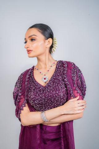 SAAJ- Wine Chiffon Sharara with Handcrafted blouse and Jacket