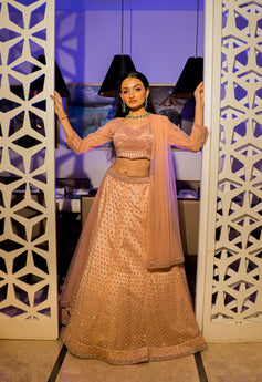 NINA- Peach Lehenga with full sleeves Blouse and Dupatta