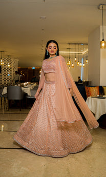 NINA- Peach Lehenga with full sleeves Blouse and Dupatta