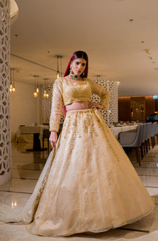 SHIRAZ- Golden Lehenga with full sleeves Blouse and Dupatta