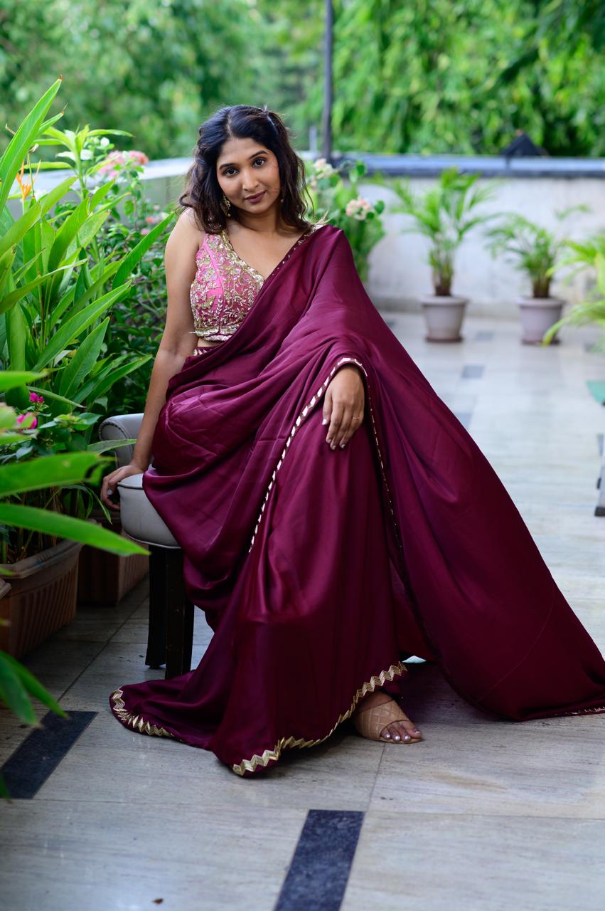 JANYAS-Burgundy Satin Silk Saree with heavy embroidered border And Unstitched Blouse