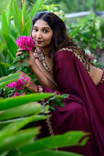 JANYAS-Burgundy Satin Silk Saree with heavy embroidered border And Unstitched Blouse