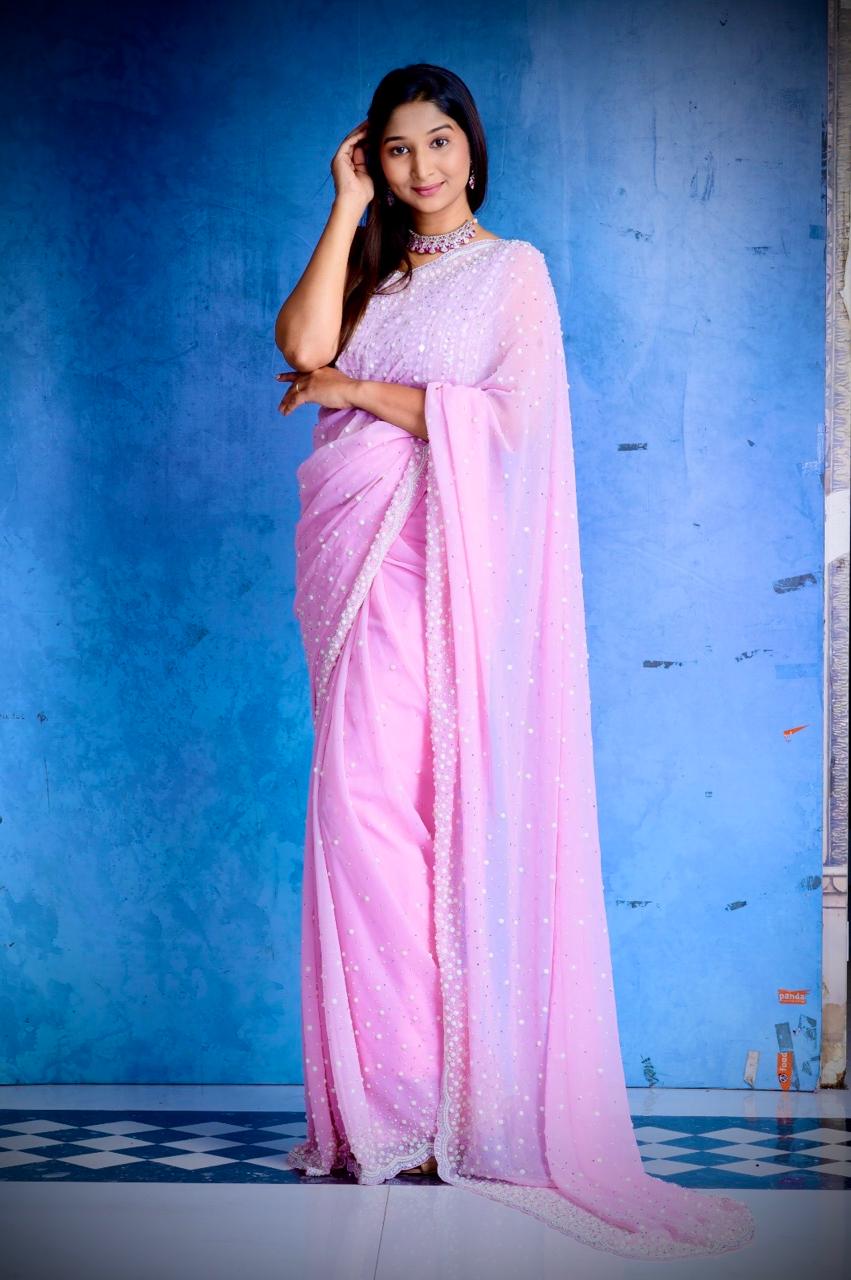 MANGALYA-BLUSH PINK Georgette  Sree With Pearl Hand Embroidered Work