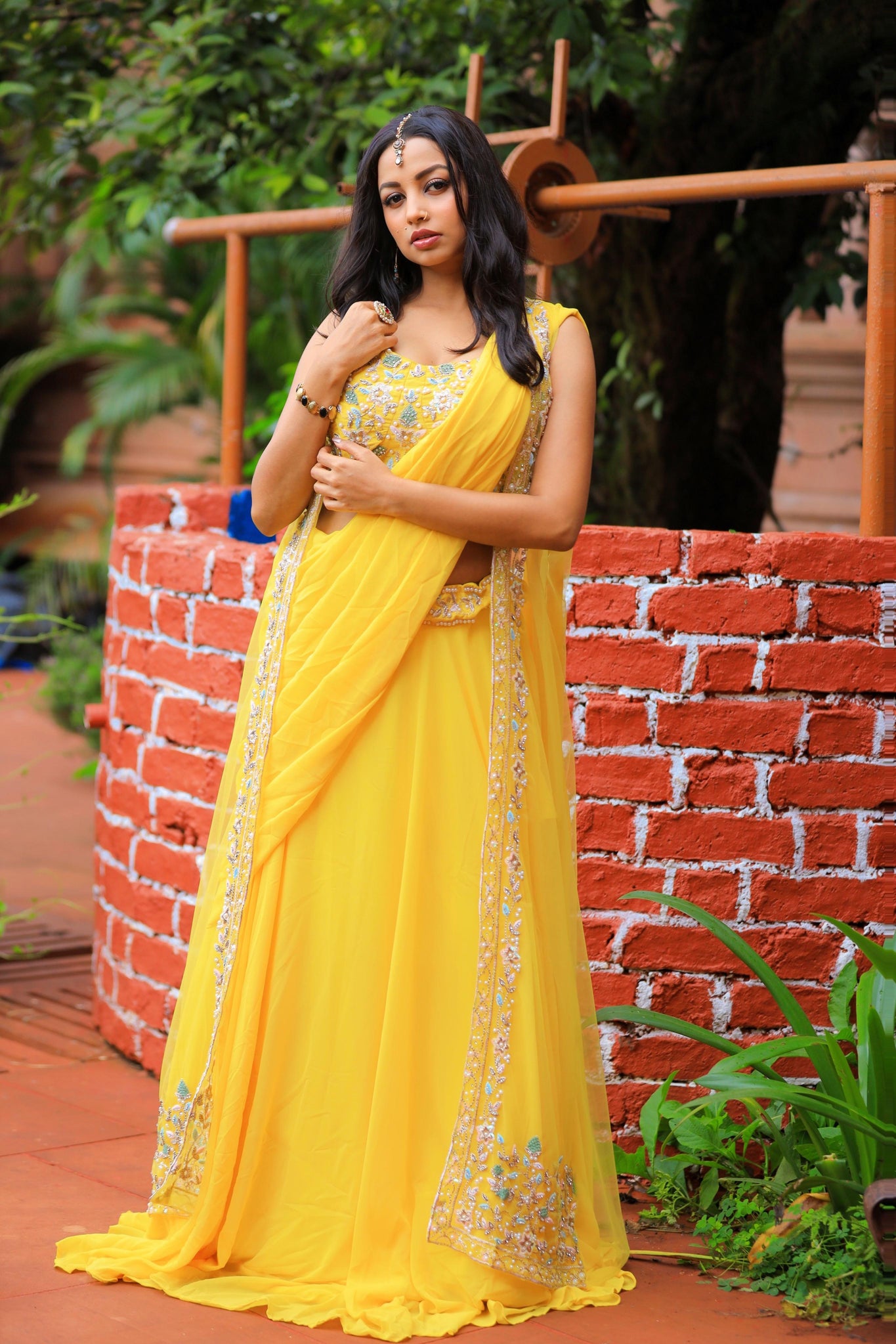 ROKSANA-Yellow Drape Saree  In Pearl ,Zardozi,Cutdana ,Sequins And Stone Work.