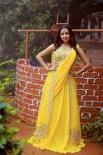 ROKSANA-Yellow Drape Saree  In Pearl ,Zardozi,Cutdana ,Sequins And Stone Work.