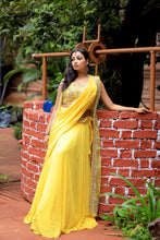 ROKSANA-Yellow Drape Saree  In Pearl ,Zardozi,Cutdana ,Sequins & Stone Work.