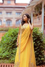 ROKSANA-Yellow Drape Saree  In Pearl ,Zardozi,Cutdana ,Sequins And Stone Work.