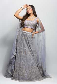NORA- Lavender Pearlwork Net Readymade Lehenga