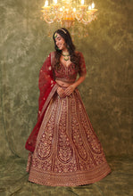 AYESHA-Maroon Velvet Zardozi and resham Embroidered Bridal Lehegan Set