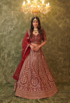 AYESHA-Maroon Velvet Zardozi Embroidered Bridal Lehegan Set