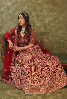 AYESHA-Maroon Velvet Zardozi Embroidered Bridal Lehegan Set