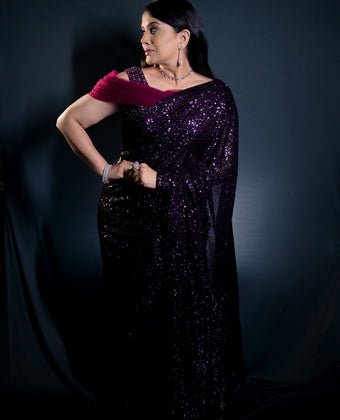 AGATA - Wine Ready to Wear Net Saree with  Embroidered Blouse.