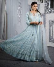 SIA- Soft Cyan Blue Chikankari Sequins Anarkali With Sequins Motif Border Dupatta