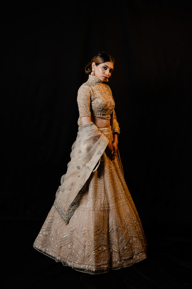 Golden net lehenga handcrafted in Sequin, pearl & cutdana work with Matching blouse and Dupatta