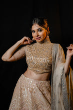 Golden net lehenga handcrafted in Sequin, pearl &amp; cutdana work with Matching blouse and Dupatta