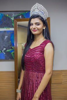 Maroon gown with all over maroon sequin, glass pipe  pearl work