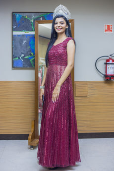 Maroon gown with all over maroon sequin, glass pipe  pearl work